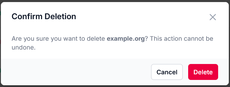 Domain deletion confirmation dialog