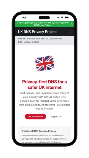 Screenshot showing a dns configuration utilising the UK DNS Privacy Project public resolvers